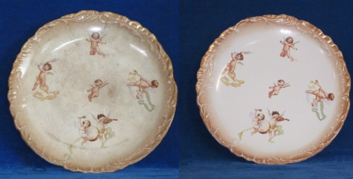 antique cherubs plate before and after